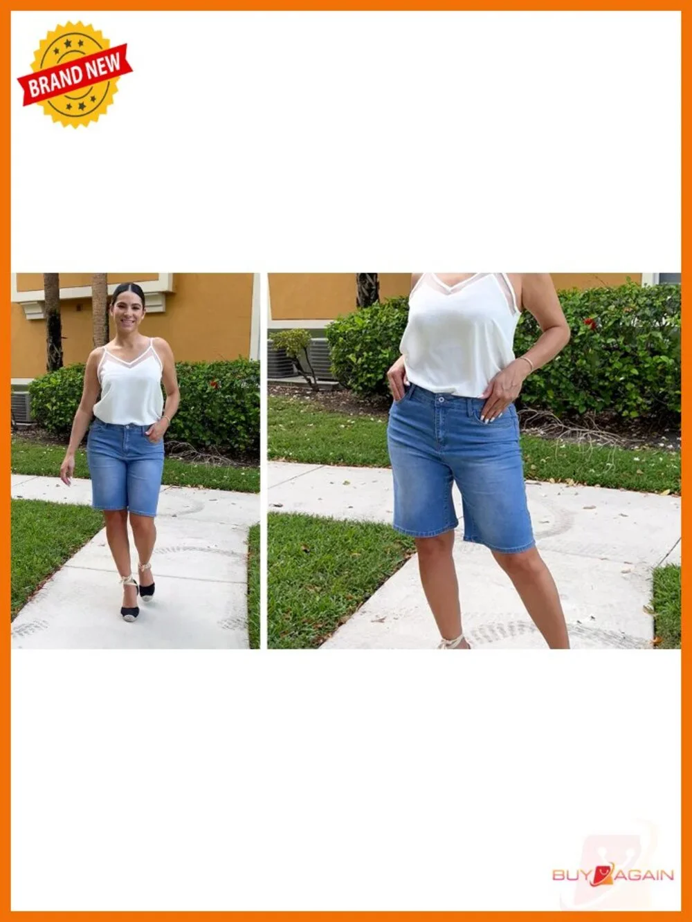 High Waisted Stretch Denim Bermuda Shorts Knee Length Cutoff Loose Fit 5 Pockets